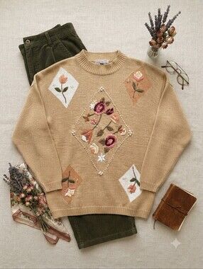 Vintage Spice of Life Floral & Pearls Embroidered Oversized Sweater